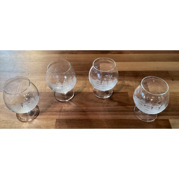 4 Toscany Clipper Ship Etched Frosted Brandy Snifter Glasses Footed 3.5” - Picture 2 of 9